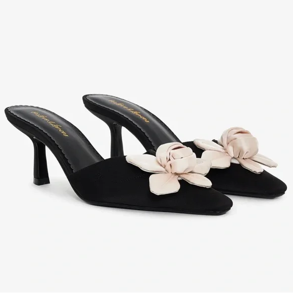FOR LOVE & LEMONS 🍋 CLAUDINE BLACK SATIN FLORAL ROSETTE KITTEN HEELS - Picture 9 of 15
